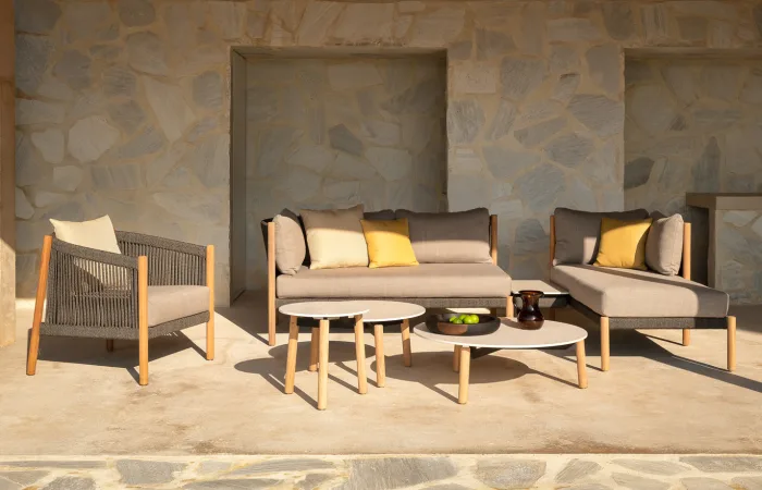 Lento's Modular Corner with Lento Lounge Chair, Modular Chaise Lounge, Modular Connecting Side Table and Coffee Tables