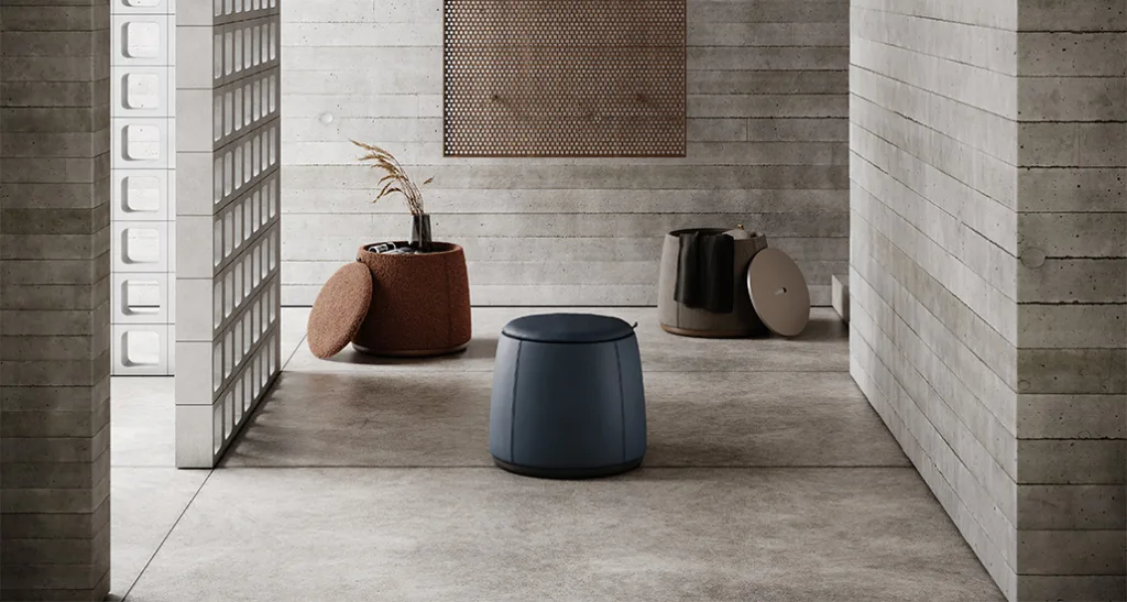 avery pouf is a contemporary pouf which can be used as side table and storage. avery pouf is customizable in leather and velvet fabrics and is suitable for hospitality, contract and residential projects.