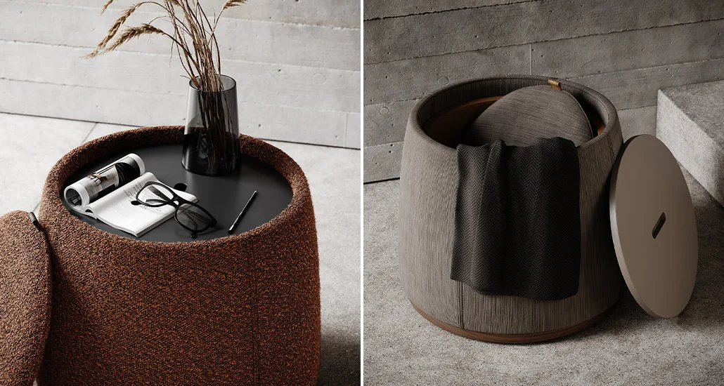 avery pouf is a contemporary pouf which can be used as side table and storage. avery pouf is customizable in leather and velvet fabrics and is suitable for hospitality, contract and residential projects.