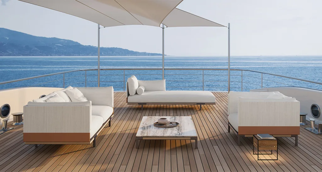 baia collection is a contemporary outdoor collection consisting mainly of modular sofa and made of aluminium,& leather material. baia collection is mainly suitable for contract and hospitality spaces.