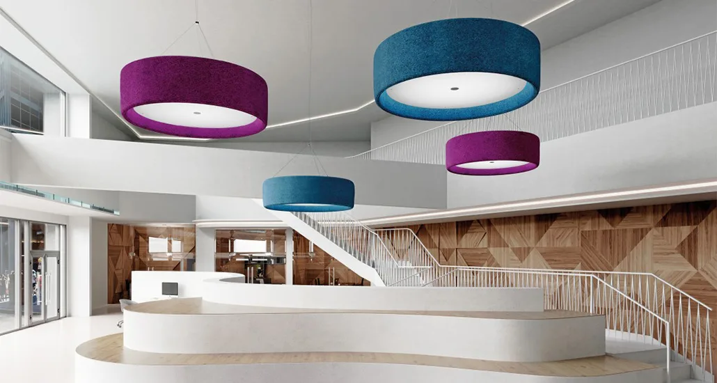 Circus pendant lamp is a contemporary pendant lamp with LED light and fabric lampshade and is suitable for hospitality, contract and office projects.