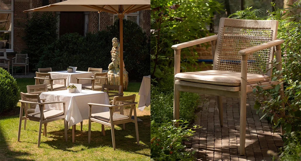 David dining armchair is a contemporary outdoor dining armchair and teak and is suitable for hospitality and contract projects.