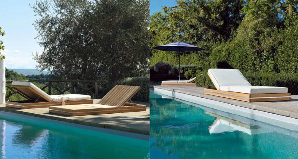 essenza sunbed is a contemporary outdoor sunbed with teak and steel frame is suitable for hospitality and contract projects.