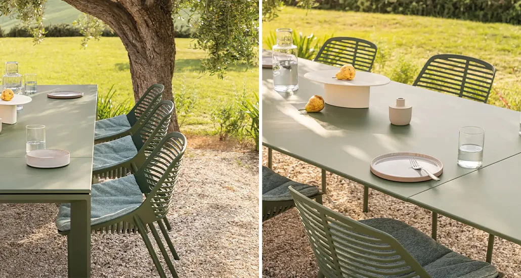 grande arche table is a contemporary outdoor dining table which is extendible and is made of aluminium and is suitable for hospitality and contract projects