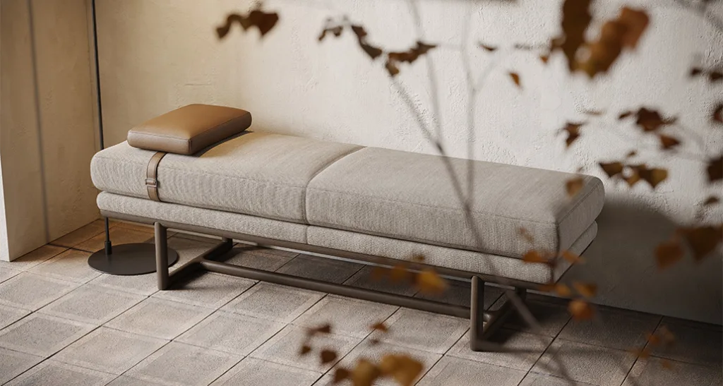 henry bench is a contemporary luxury furniture with fabric upholstery seating and wooden legs