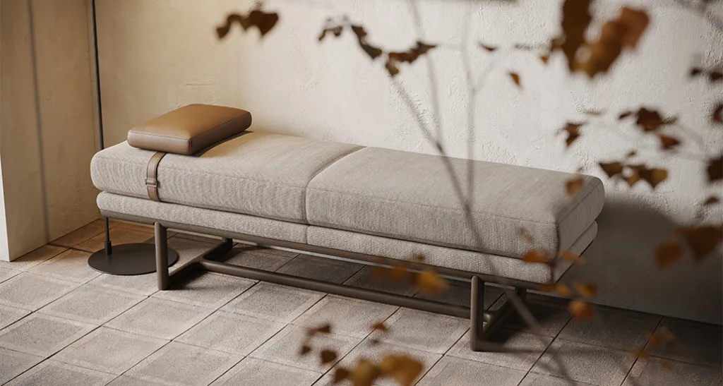 Henry bench is a contemporary luxury furniture with fabric upholstery seating and wooden legs