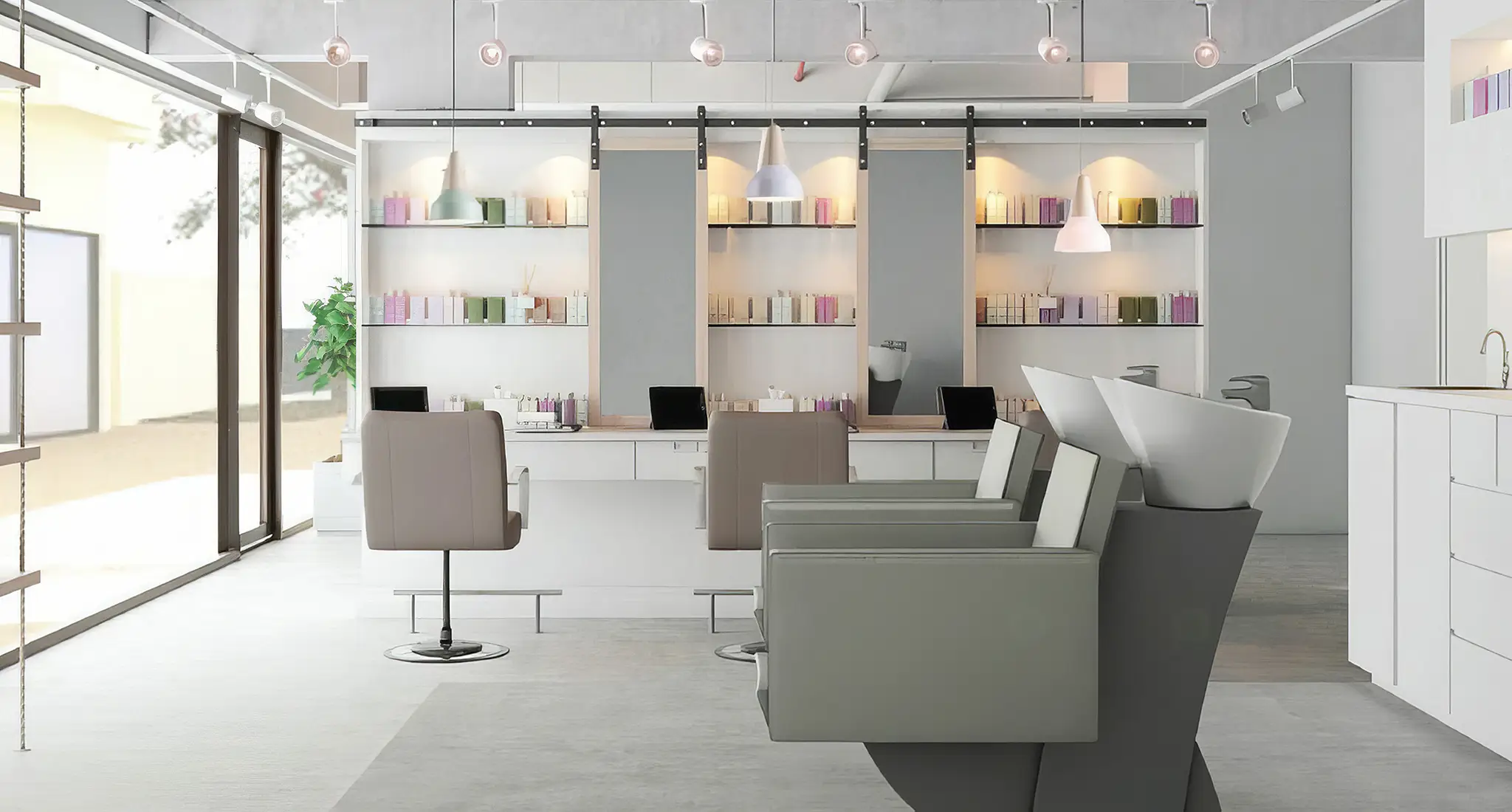 her bar blowdry salon in abu dhabi, showcasing a prominent white counter and stylish chairs.