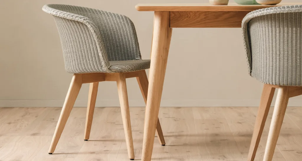 jules dining chair is a contemporary dining chair with lloyd loom seat and aluminium frame with oak frame and suitable for hospitality and contract projects.