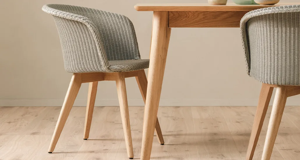 Jules dining chair is a contemporary dining chair with lloyd loom seat and aluminium frame with oak frame and suitable for hospitality and contract projects.