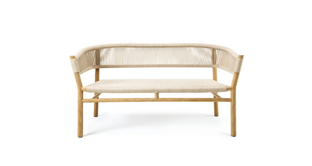 Kilt sofa is a contemporary outdoor sofa with teak frame and rope backrest and set and is suitable for hospitality and contract projects.