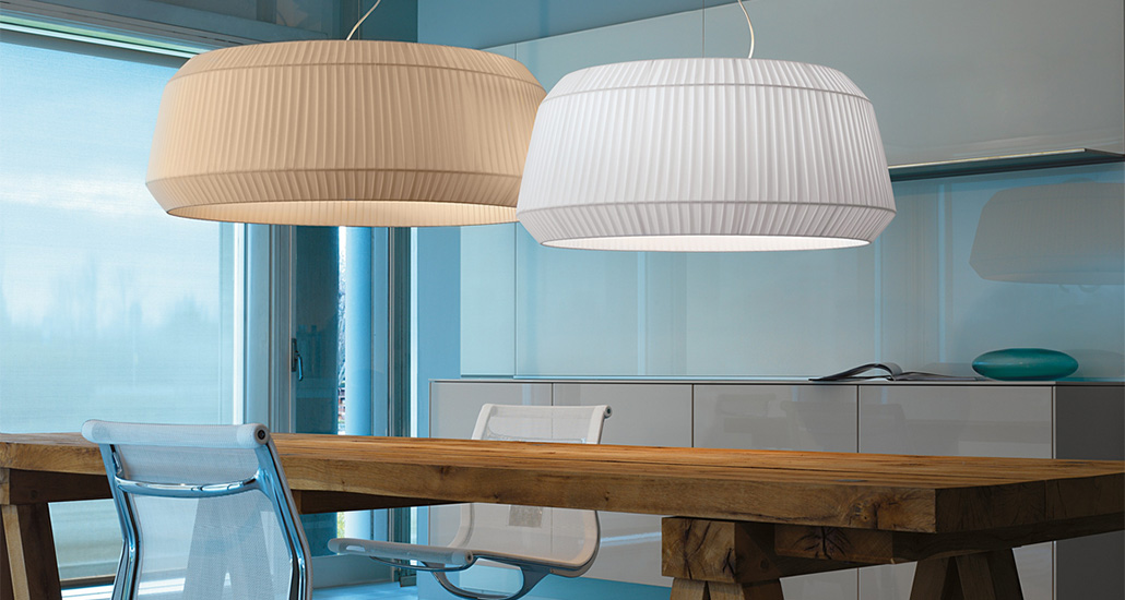 loto pendant lamp is a contemporary pendant lamp with metal. plexiglass and fabric structure and is suitable for contract and hospitality spaces.