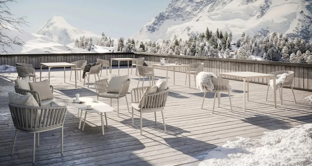 Ria lounge armchair is a contemporary outdoor lounge armchair with aluminium and rope structure and is suitable for contract and hospitality projects.