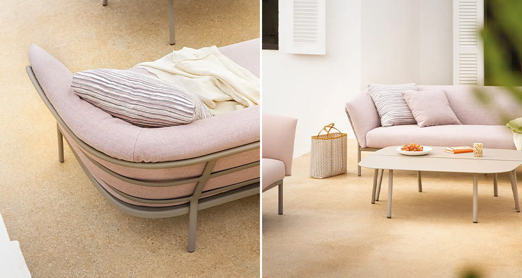 Ria soft sofa is a contemporary outdoor sofa with customizable fabric with aluminium base and is suitable contract and hospitality projects
