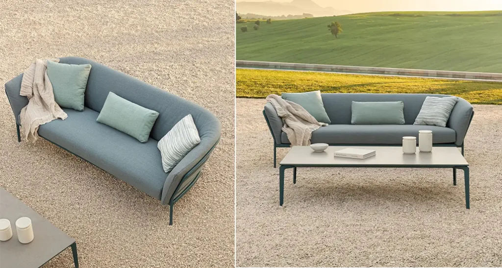 ria soft sofa is a contemporary outdoor sofa with customizable fabric with aluminium base and is suitable contract and hospitality projects