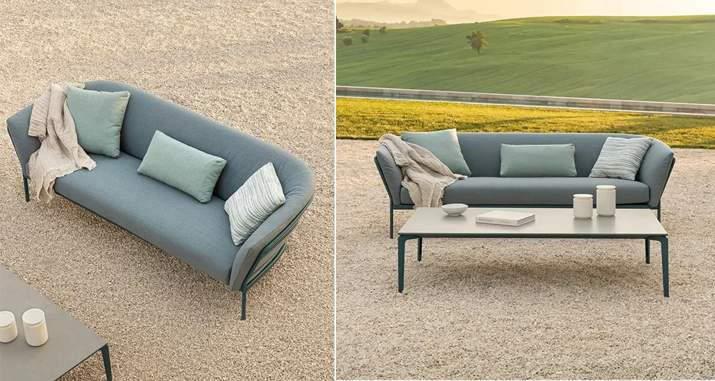 Ria soft sofa is a contemporary outdoor sofa with customizable fabric with aluminium base and is suitable contract and hospitality projects