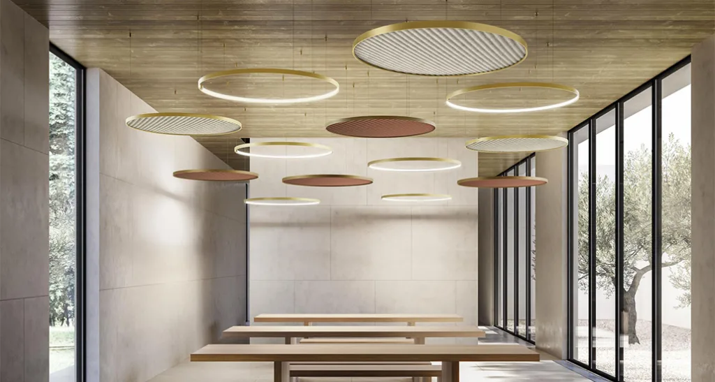 zero round acoustic suspension lamp is a contemporary suspension lamp with acoustic properties and made of felt and aluminium frame and is suitable for contract, office and hospitality spaces.