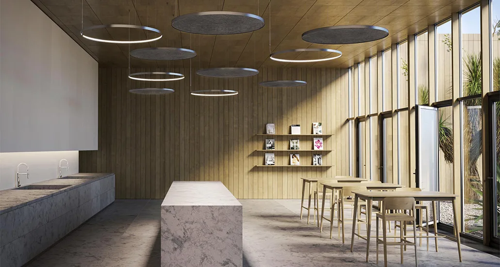 zero round acoustic suspension lamp is a contemporary suspension lamp with acoustic properties and made of felt and aluminium frame and is suitable for contract, office and hospitality spaces.