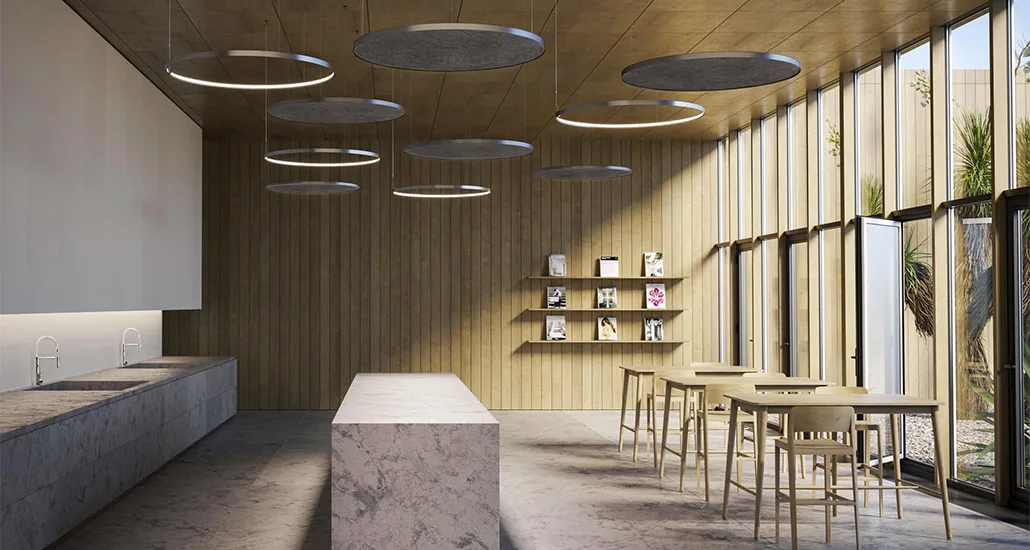 Zero round acoustic suspension lamp is a contemporary suspension lamp with acoustic properties and made of felt and aluminium frame and is suitable for contract, office and hospitality spaces.