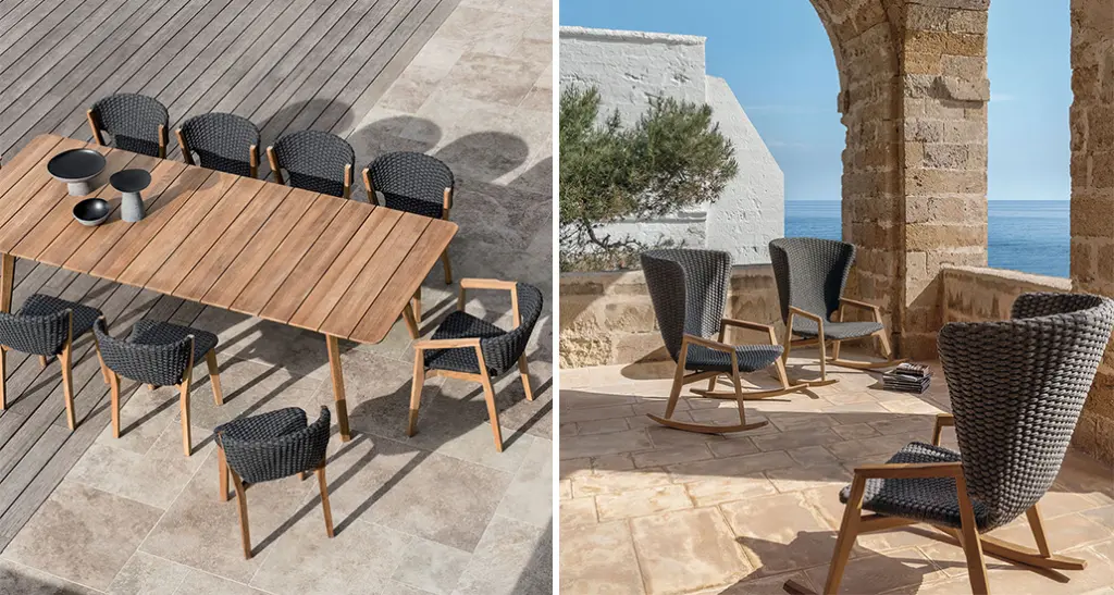 Knit Collection is a contemporary outdoor furniture collection with teak and rope frame and is placed in contract hospitality spaces.