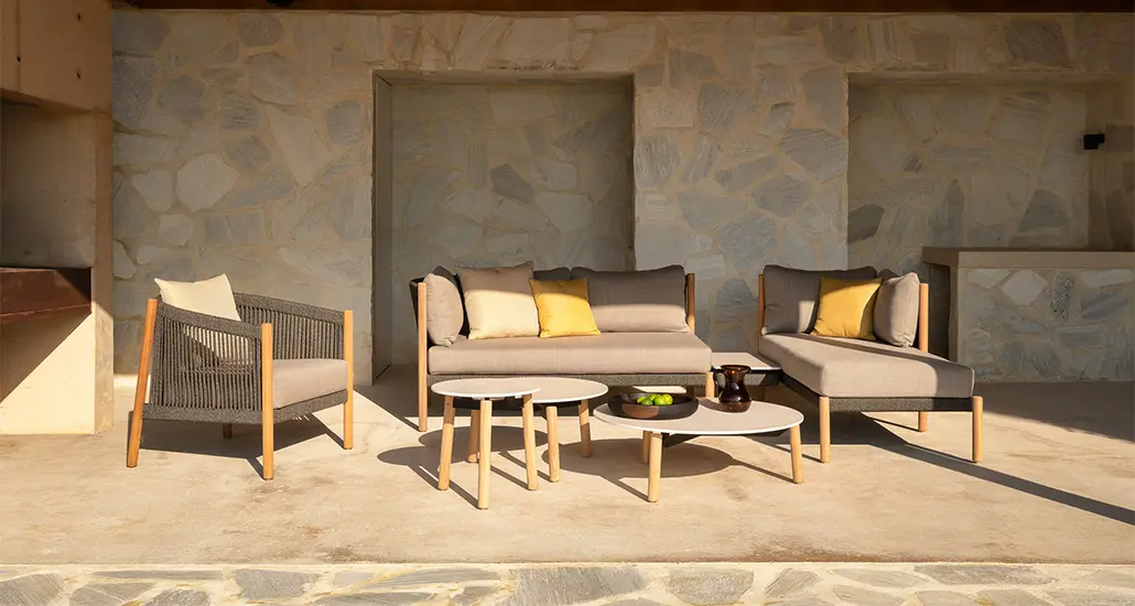 lento collection is a contemporary collection of outdoor furniture consisting of sofa, chaise lounges and lounge chairs and is made of teak and rope frame and is places in a hospitality contract spaces.