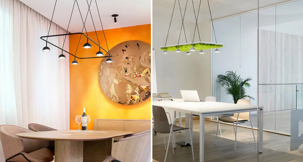 cupolina suspension lamp is a contemporary LED suspension lamp with metal and aluminium structure and is suitable for contract and hospitality spaces. In the image cupolina is places in residential dining area.