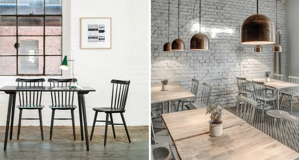 ironica chair is a contemporary dining chair with wood structure and is suitable for contract and hospitality spaces. In this image grey Ironica is placed in a restaurant.