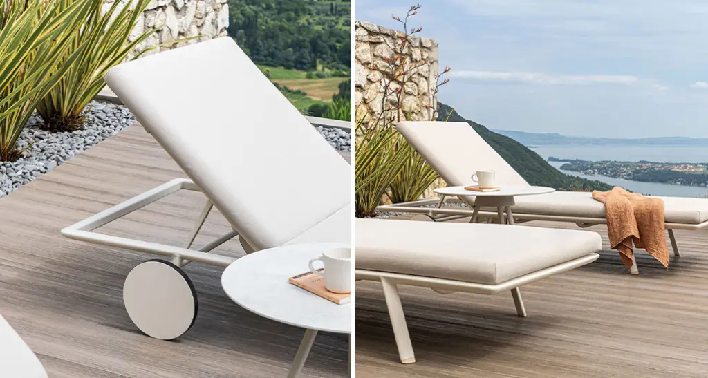 zebra sunlounger is a contemporary outdoor sunlounger with aluminium frame and is suitable for hospitality and contract spaces. Zebra is placed here in outdoor patio with a beautiful background with sea and green hills.