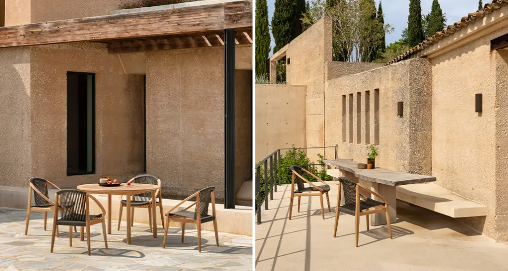 frida dining chair is a contemporary outdoor dining chair with oak and rope structure and is suitable for contract and hospitality spaces.