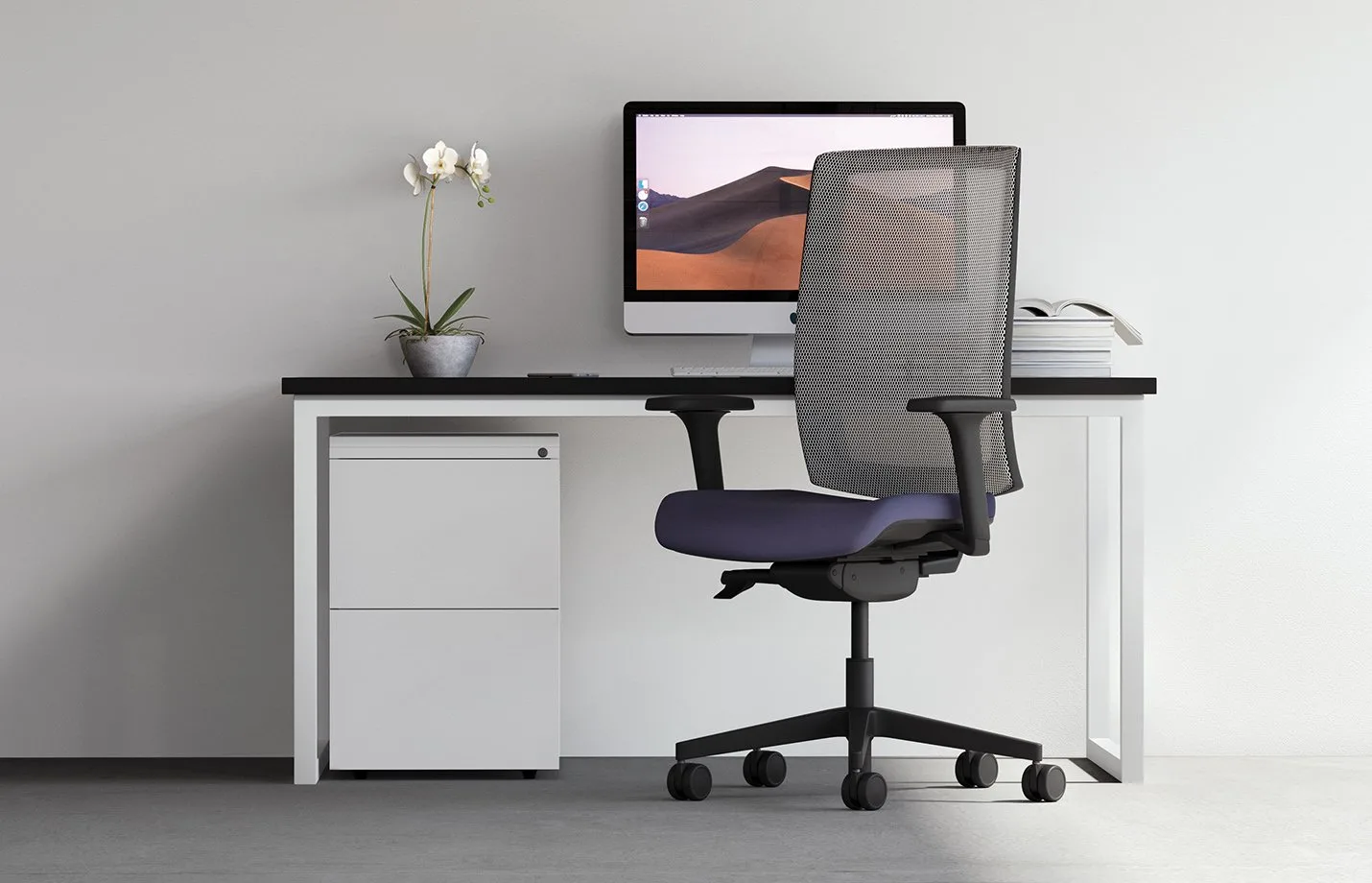 office contract furniture consisting of work desk, task chair and storage
