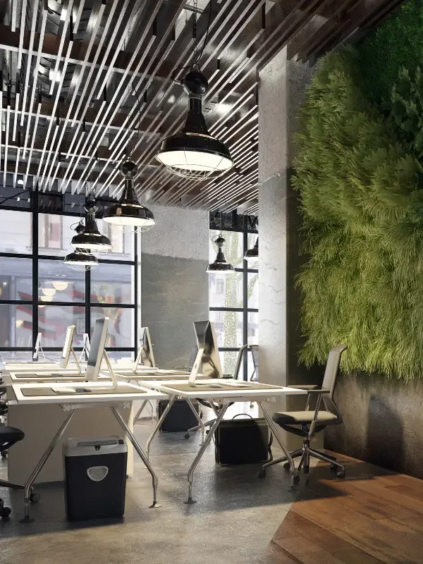 office fit out design and build done for office workstation space consisting of task chairs, work desk and green wall.